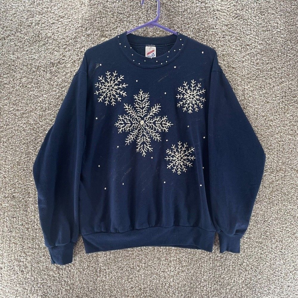 Vintage Snowflake‎ Sweatshirt Womens Medium Blue Pullover Jerzees Made In USA